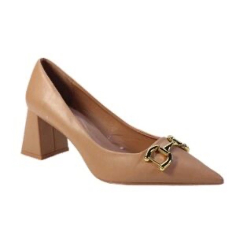 Zara Womens Tan Nude Pointedโ Toe Block Heel Horsebit Buckle Pumps Size 5